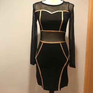 Black & Gold Mesh Cutouts Bodycon Dress S